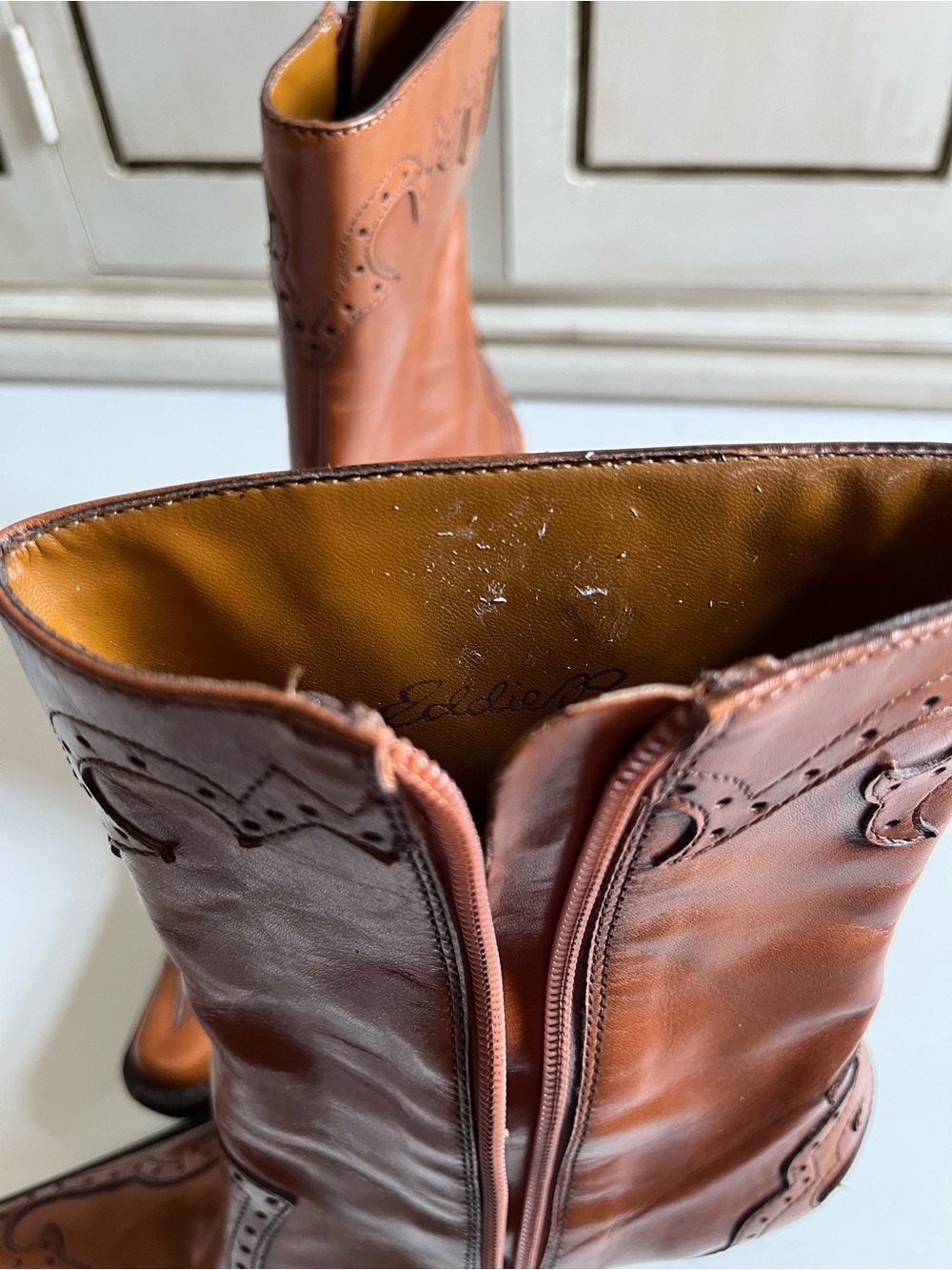 Vintage Leather Eddie Bauer Western Cowgirl boots high block heel wingtip design - Picture 6 of 12
